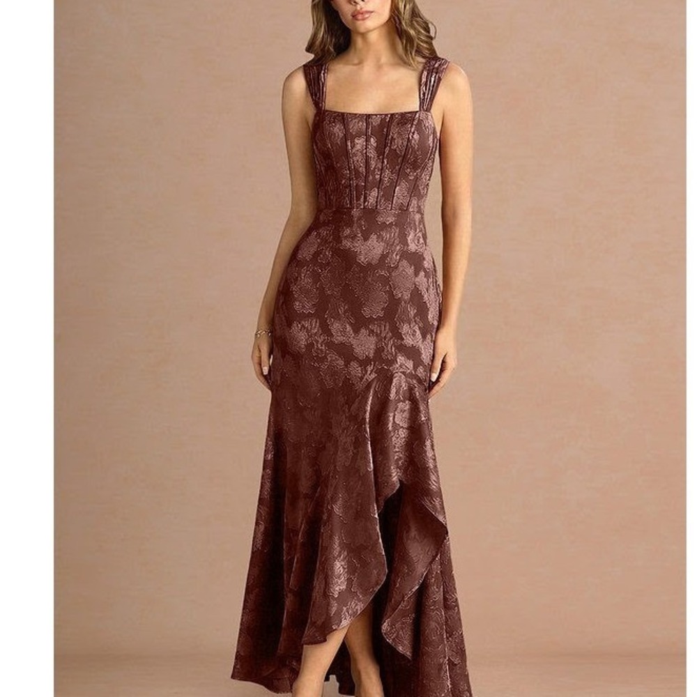 Azazie Mocha Coco Saskia Floral Burnout Jacquard Maxi Dress Size 18 NEW